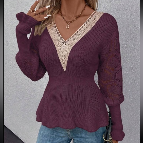 Sheer Mesh Lace Cuff Long Sleeve V -Neck Sweater Top - Picture 15 of 16